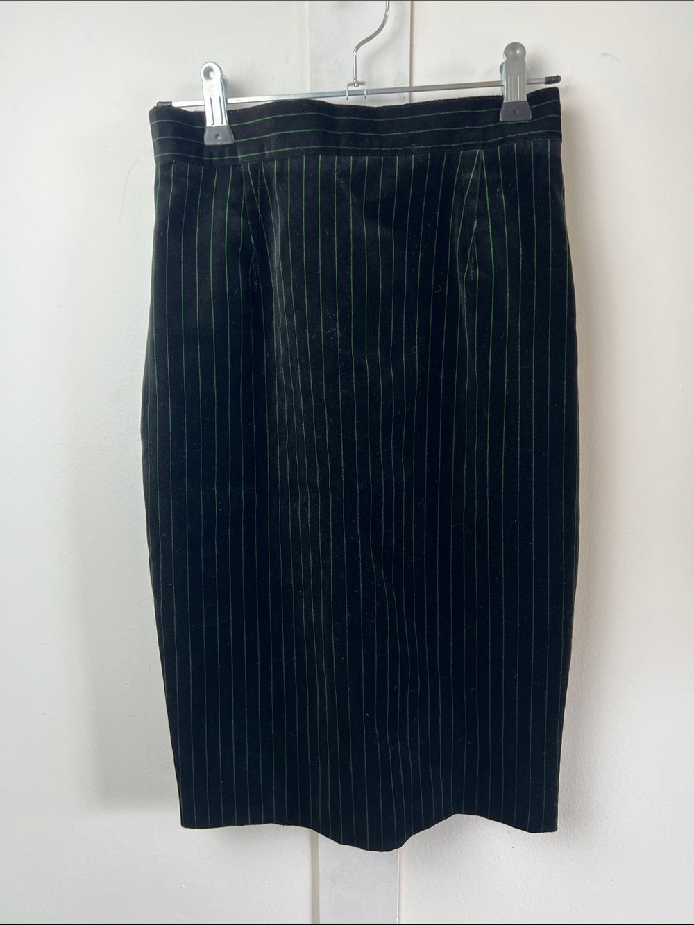 Mugler Black Velvet Vintage 80s Pencil Skirt with Green Pinstripes